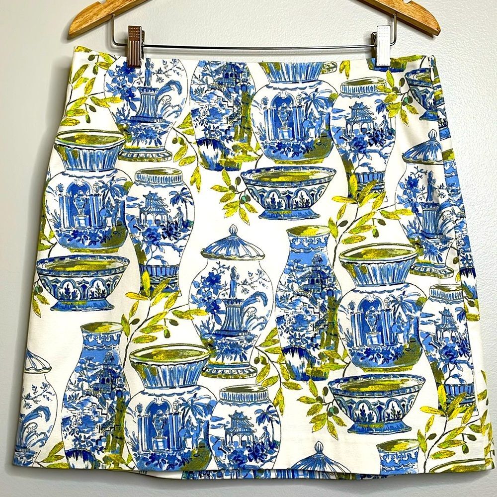 Talbots Cotton Canvas Blue Green Watercolor Vase Print Pencil Skirt Size 14P NWT